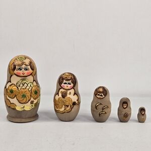 Vintage Russian Matryoshka Wooden Nesting Doll Hand Painted Gold Burned Wood 5pc